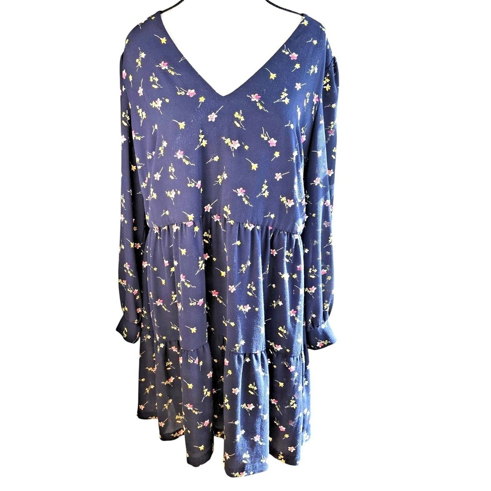 Lauren Ralph Lauren‎ Navy Floral Bishop-Sleeve Crepe Tiered Dress Size 16